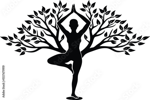 Tree Pose Yoga Silhouette, Woman in Nature-Inspired Balance Posture Vector