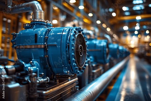 Industrial machinery featuring blue high pressure pumps and piping in a factory setting