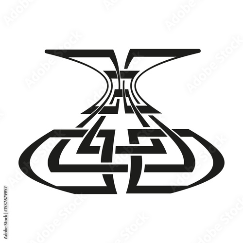 Monochrome maze shape. Twisted tunnel figure. Bold path vector. Curved puzzle lines.
