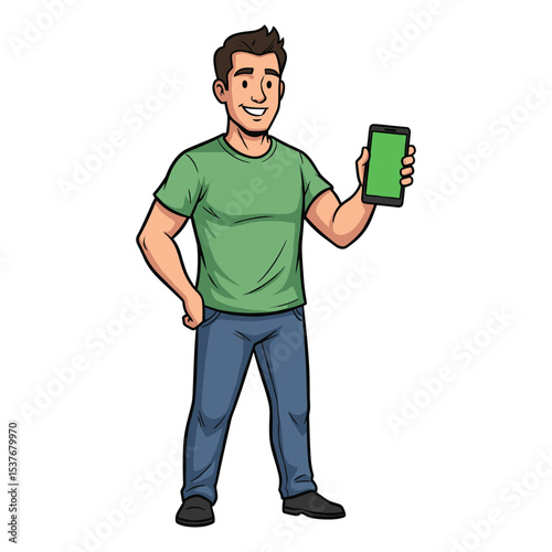 Cartoon illustration of a smiling man holding a smartphone with a green screen for creatives