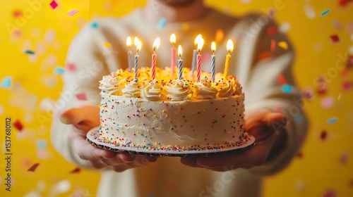 Birthday Cake with Lit Candles in Cozy Home Celebration