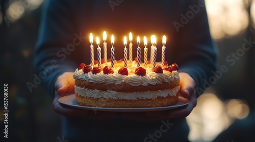 Birthday Cake with Lit Candles in Cozy Home Celebration