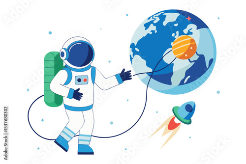 An astronaut floats near Earth, connected by a tether, while a rocket launches below, symbolizing space exploration and scientific discovery.