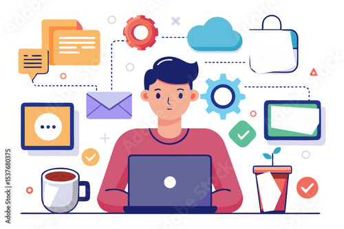 A person works on a laptop, surrounded by interconnected digital icons representing online communication, cloud storage, and task management.