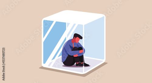 Businessman sitting inside a transparent cube under invisible pressure and emotional confinement in the workplace, concept of corporate stress and isolation, flat vector illustration