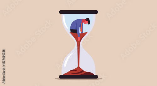 Man trapped inside an hourglass slowly draining with sand under burnout and emotional exhaustion in modern work life, concept of depletion, fatigue, and performance pressure, flat vector illustration