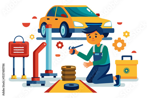 A young mechanic kneels to repair a car lifted on a hoist, surrounded by tools and spare tires, symbolizing automotive maintenance and service.
