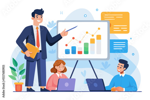 A businessman gives a presentation with a pointer, showing a graph on a whiteboard to two colleagues working on laptops, symbolizing a business meeting or training.