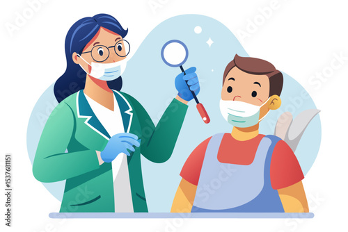A medical professional wearing a mask and gloves holds a dental mirror, examining a masked patient, symbolizing a dental check-up or medical examination.