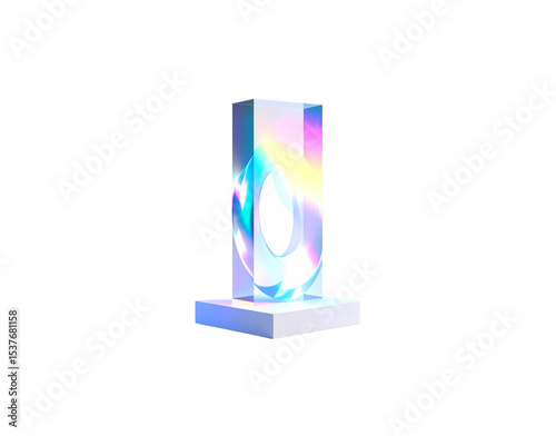 Iridescent Glass Sculpture with Central Void on White Cubic Base