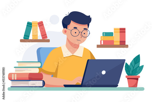 A male student in glasses sits at a desk, focused on his laptop, surrounded by stacks of books and plants, symbolizing diligent study or online learning.