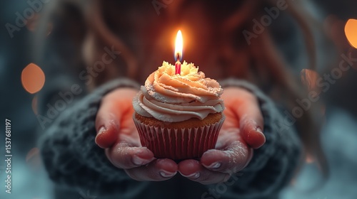 Hand Holding Cupcake with Lit Candle 