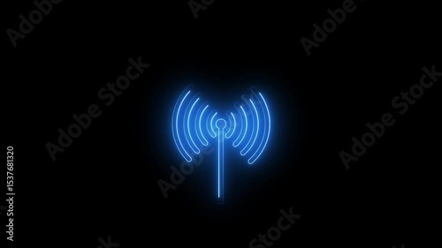 neon wave animated blue signal wave circle looping. Animated neon glowing wireless signal tower icon.for network, mobile communication, or technology, 4k video.