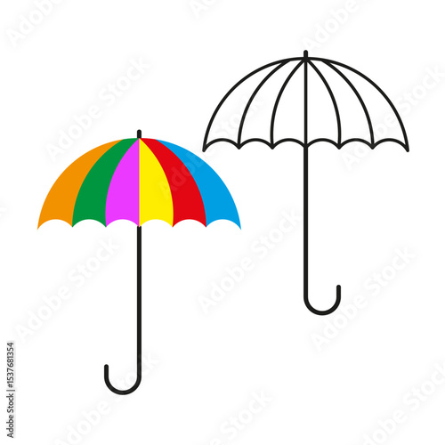 Rainbow umbrella icon. Outline umbrella shape. Vector rain symbol. Colorful stripe element.