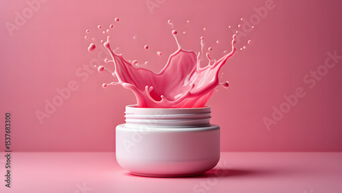 Pink cream splashing into white jar on pink background