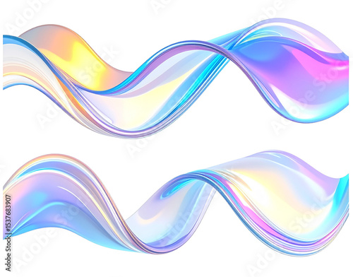 Two iridescent flowing ribbons with dynamic color gradients and subtle reflections