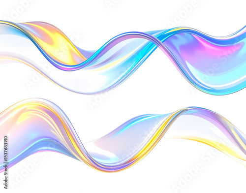 Two iridescent flowing ribbons with shifting colors and subtle reflections