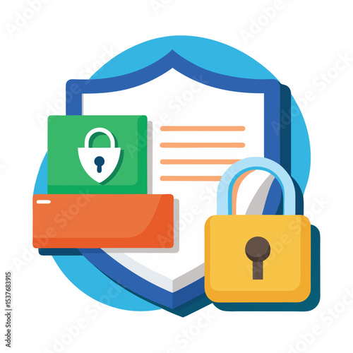 An illustration symbolizing data security and privacy, featuring a large shield, a padlock, and document icons with a lock symbol.