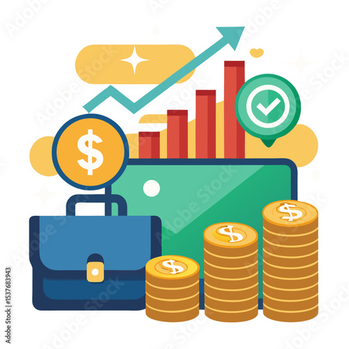 An illustration representing financial growth and investment, featuring a briefcase, stacks of coins, a dollar sign, a rising bar chart, an upward-pointing arrow, and a checkmark icon.