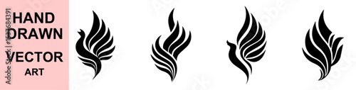 Hand drawn tribal bird flame vector logo, phoenix fire wings illustration, abstract flying bird symbol design for tattoo, brand identity or t-shirt