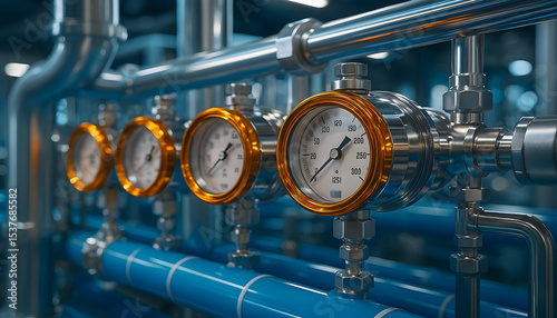 Row of orange-rimmed manometers on shiny blue metal pipes in an industrial plant with bright lighting and technical background