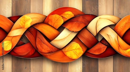 Autumnal interweave illustration with leaves on a rustic wood texture