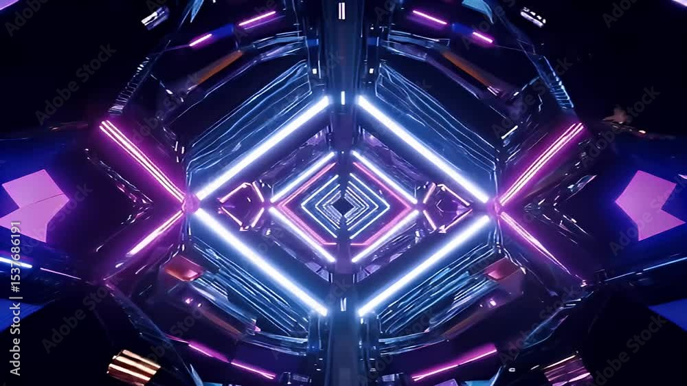Enter hightech ultraviolet tunnel where neon scifi elements glow futuristic pattern vibrant lines form intricate designs mirror creating immersive visually striking experience perfect bright