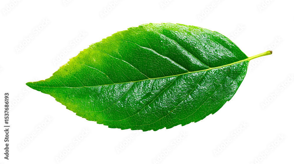 Obraz premium Close up view of a vibrant verdant leaf with visible veins against a solid dark colored space on transparent background