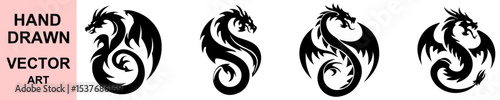 Hand drawn circular tribal dragon vector illustrations, fantasy coiled dragon tattoo design, legendary mythological creature silhouette for emblem, graphic logo, or print