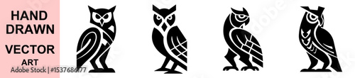 Hand drawn tribal owl vector illustrations, abstract stylized wise bird graphics in modern tattoo design, silhouette for logo, art print, or branding decoration