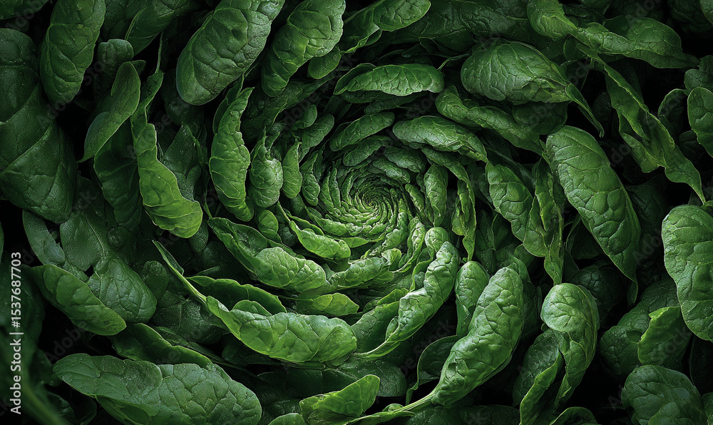 Obraz premium Close up shot of a spiral arrangement of fresh green spinach leaves creating a pattern