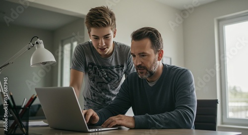 A father helps his son with a project on the laptop, teaching him and spending time together.