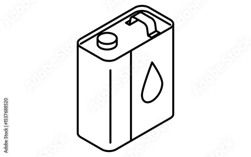 Simple and cute isometric line icon of engine oil in a metal can for automotive maintenance illustration, black and white