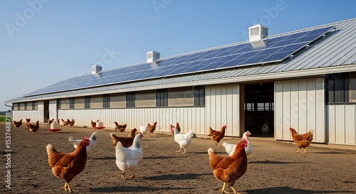 Solar panels on the roof of a poultry farm house with multiple chickens roaming around. 