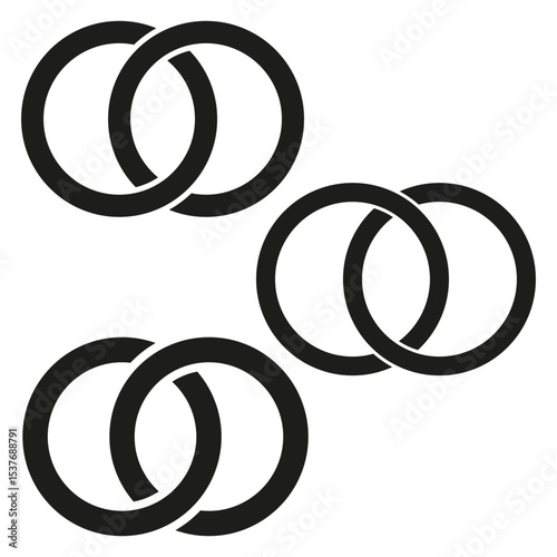 Interlinked ring icon. Overlapping circle pattern. Chain linkage shape. Vector unity symbol.