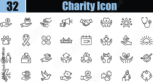 32 Charity of web icons set in line style. Help, caring, solidarity, alms, donate, volunteer, care, charity and more collection editable stroke.