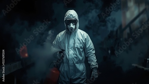 COVID-19 or Coronavirus, disinfect, clean and kill virus pathogen prevent outbreak spreading concept, worker with protective gear spray the cleaning sanitize chemical to disinfect.