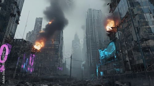 A post-apocalyptic city destroyed by fire, with modern buildings in ruins, reflecting destruction and chaos
