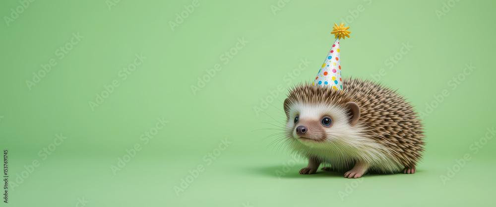 Adorable baby hedgehog wearing festive birthday hat on bright green background with natural studio lighting and minimal composition perfect for copy space Adorable baby hedgehog wearing festive birthday hat on bright green background with natural studio lighting and minimal composition perfect for copy space