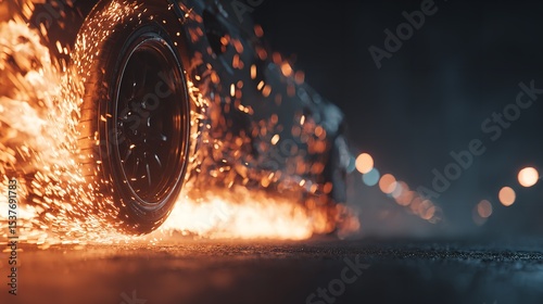 Car Tire on Fire Speed and Motion Effect with Sparks.