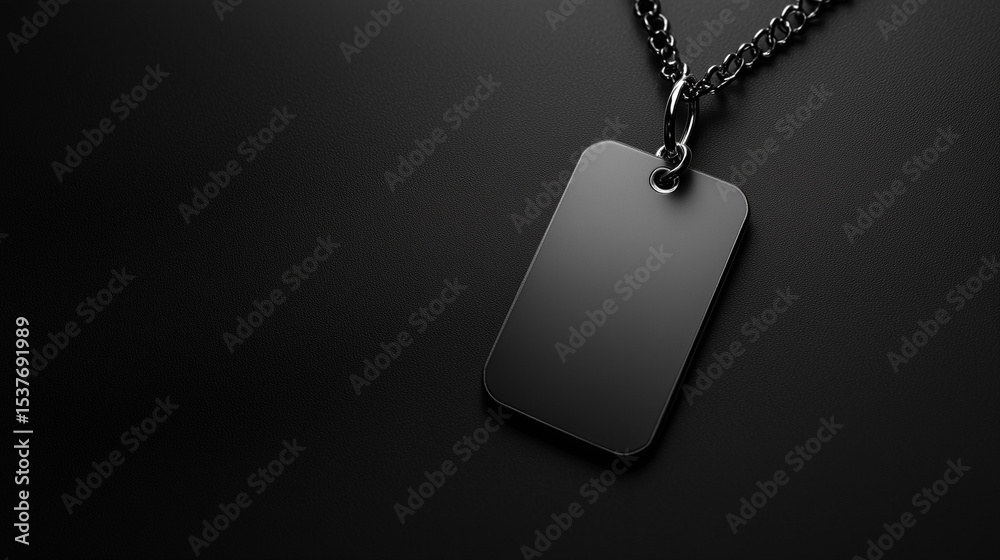 Fototapeta premium Black Metal Necklace With a Blank Rectangular Pendant on a Dark Surface