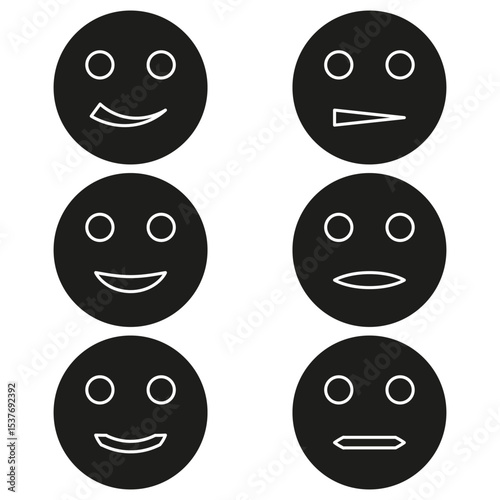 Black smiley icons. Filled emotive faces. Mood circle set. Vector emoji symbols.
