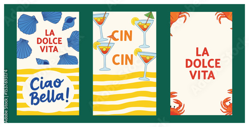 Colorful Italian holiday card vector pack, La Dolce Vita Ciao Bella and Cin Cin cocktail designs with blue coral shapes and yellow wave stripes. Retro vacation greeting templates