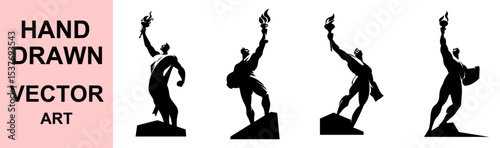 Silhouette Vector Art of Heroic Muscular Men Holding Torch Standing on Pedestal in Bold Hand Drawn Powerful Style