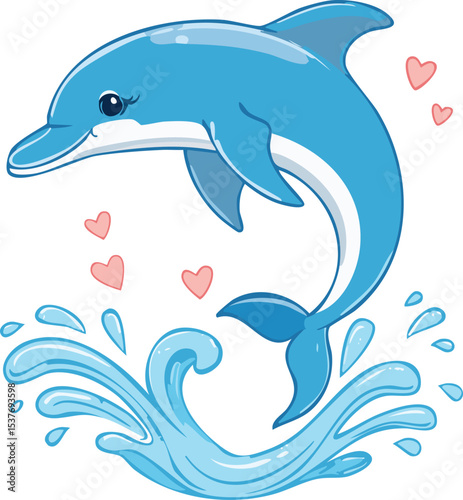 A cute blue dolphin jumping out of the water, forming a heart shape together with a splash of water. The style is simple, flat, and sketchy, using soft blue tones. White background Children's book 