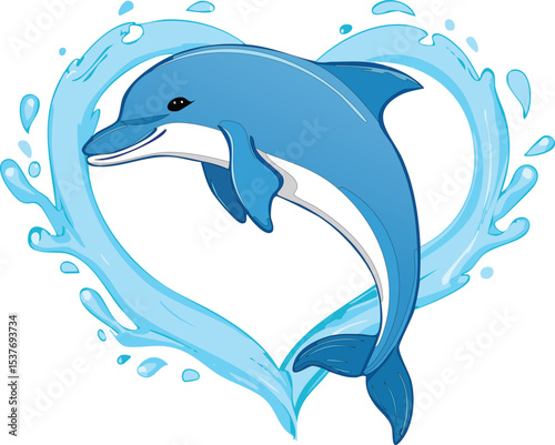A cute blue dolphin jumping out of the water, forming a heart shape together with a splash of water. The style is simple, flat, and sketchy, using soft blue tones. White background Children's book 