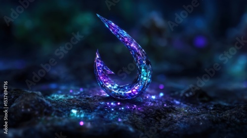 Glowing, stylized hook on dark rocky surface