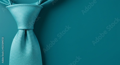 A close-up studio shot of a knotted textured blue tie against a matching backdrop, copy space.