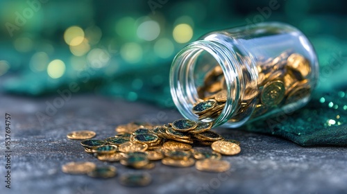 Gold coins spill from a glass jar
