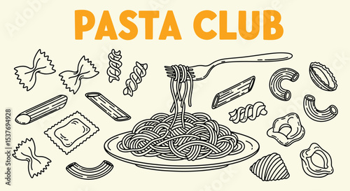 Minimalist hand drawn pasta vector set. Different Mediterranean spaghetti types. Pasta Club Italian pasta illustration, black line spaghetti plate surrounded by penne fusilli farfalle ravioli shells